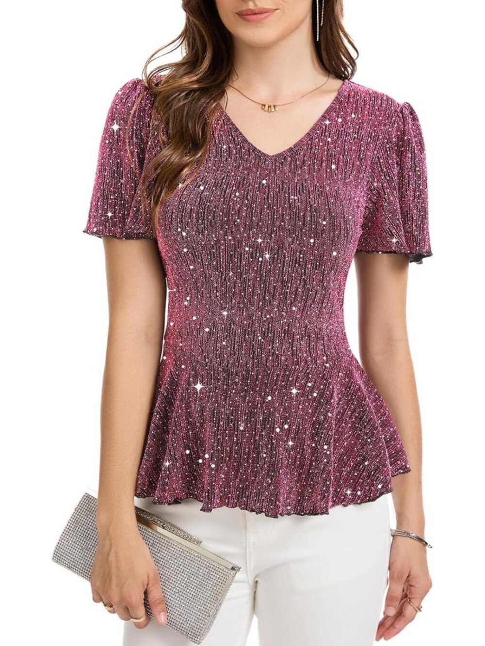 Sparkly Rhinestone V-Neck Puff Sleeve Blouse | Shimmer Cocktail Party Top